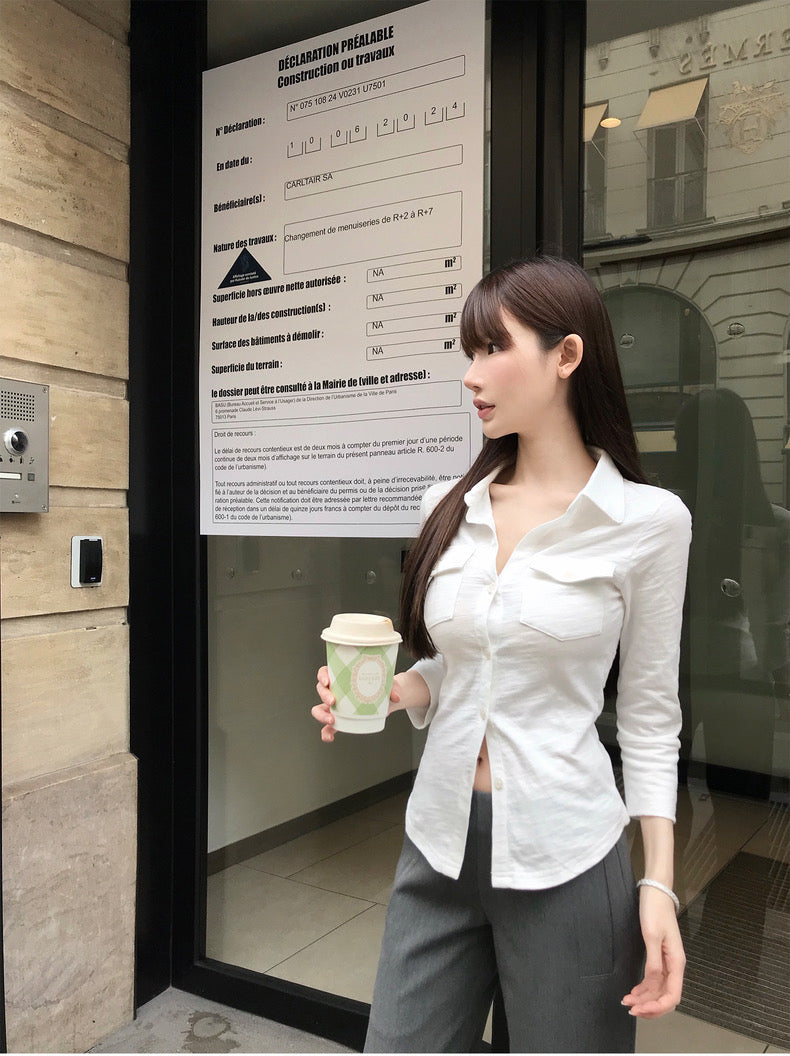 26Jun. 鬆弛感韓女 排釦polo領顯瘦收腰襯衫 黑/白