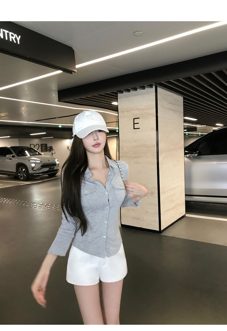 26Jun. 鬆弛感韓女 排釦polo領顯瘦收腰襯衫 灰