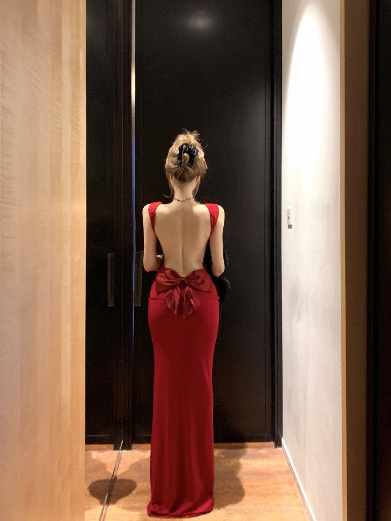 26Jun. 聖誕宴 性感蝴蝶結美背禮服裙 紅