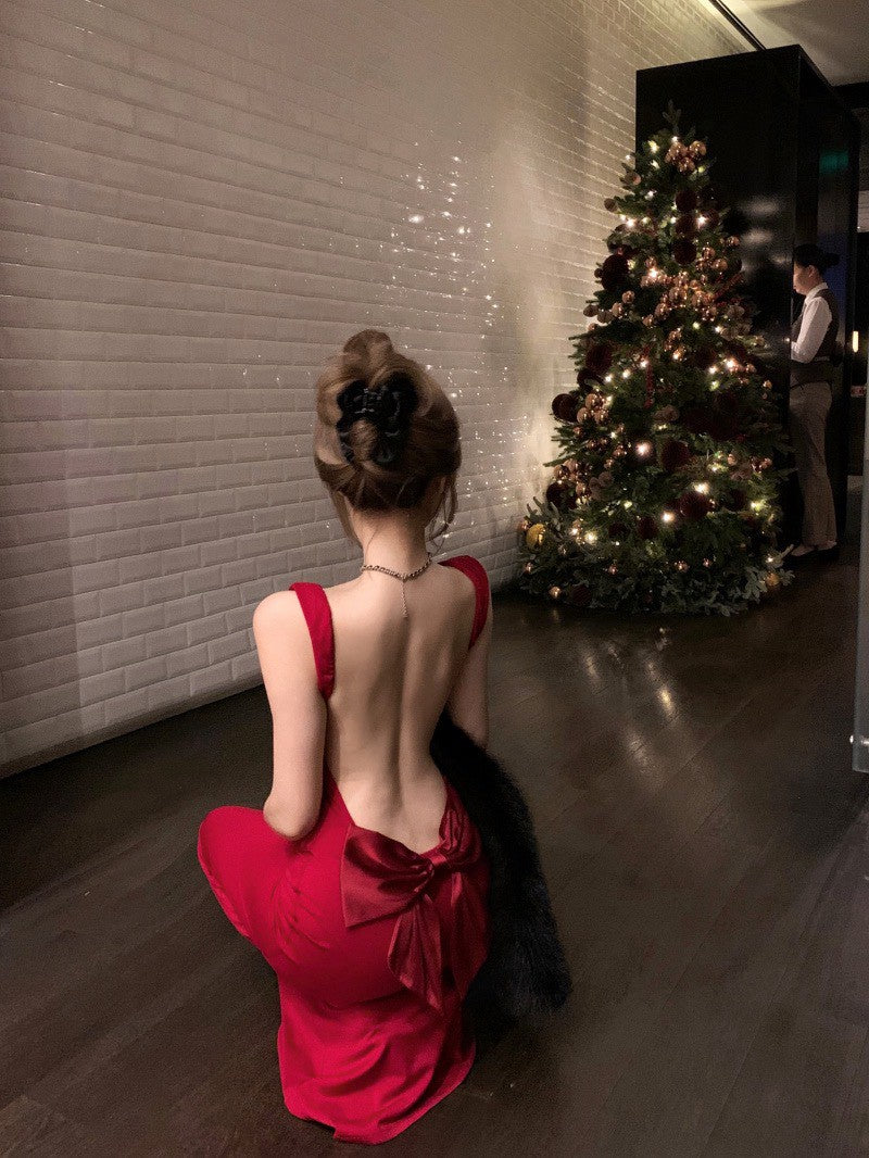 26Jun. 聖誕宴 性感蝴蝶結美背禮服裙 紅