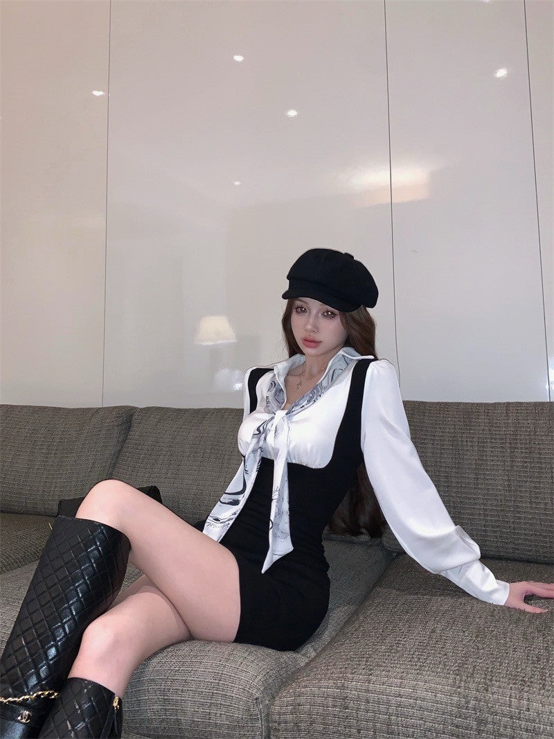 26Jun. 甜辣學姐 學院風黑白撞色襯衫領連衣裙