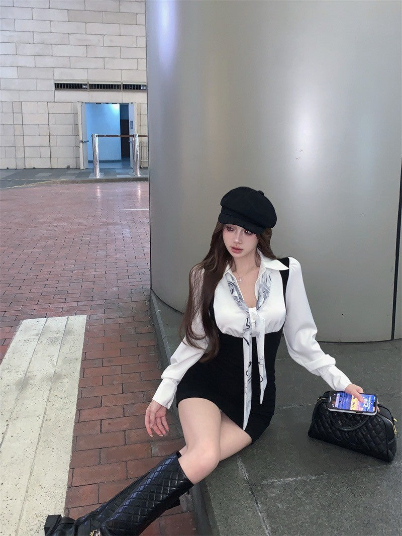 26Jun. 甜辣學姐 學院風黑白撞色襯衫領連衣裙
