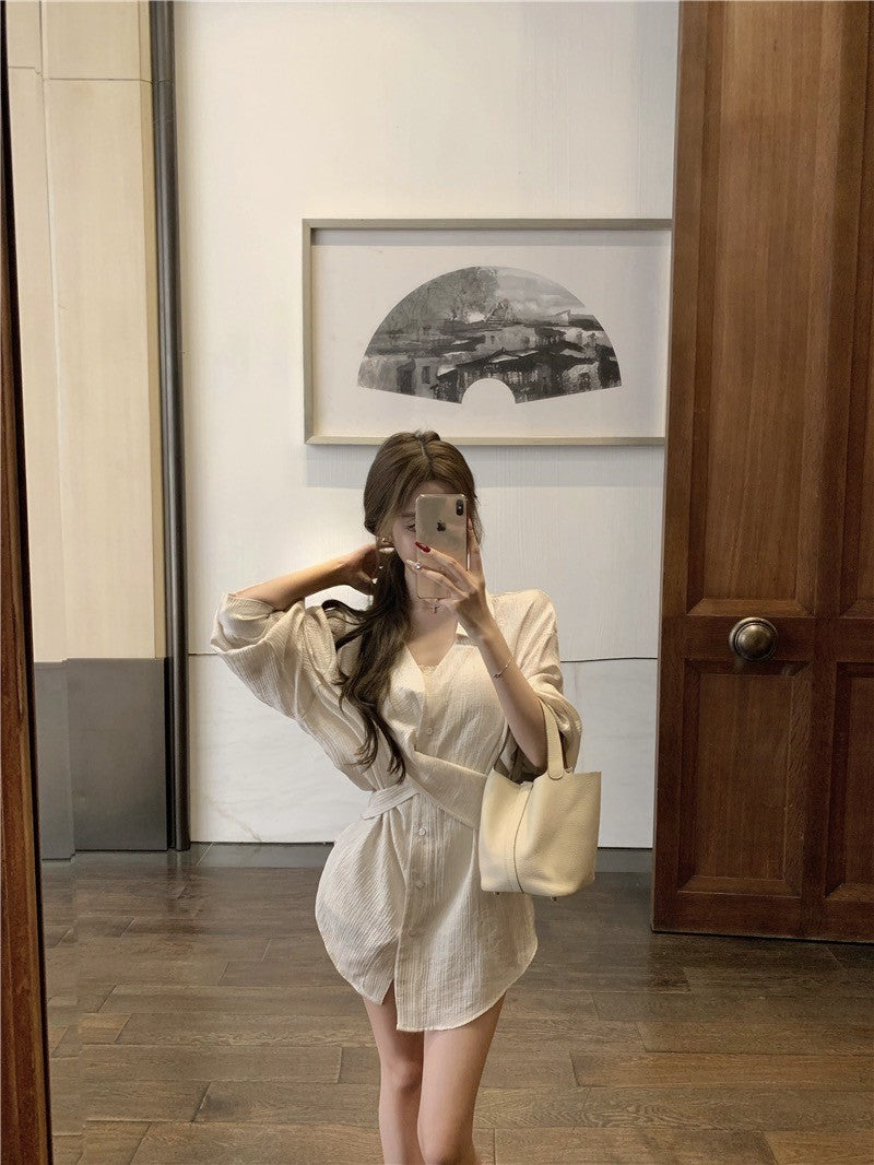 26Jun. 復古典雅女神 立體壓褶肌理交錯襯衫裙 米白
