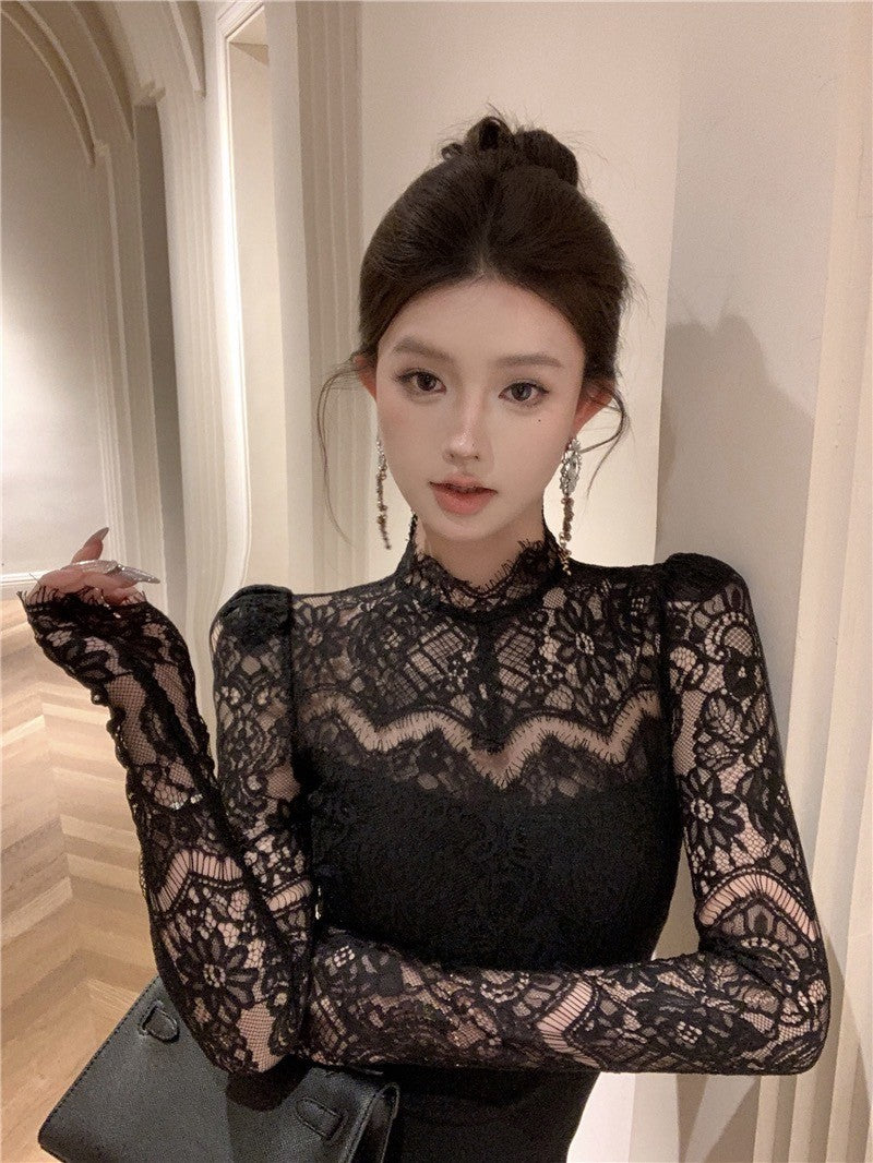 26Jun. 古典晚宴會 蕾絲拼接半高領抓皺連身裙 黑