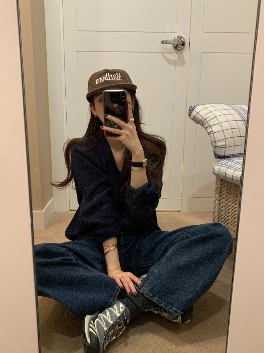 26Jun. 美式慵懶 粗針V領休閒針織上衣 藏青