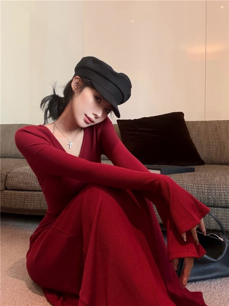 26Jun. 復古女伶一件可出門 V領魚尾裙擺連身裙 紅/淡粉
