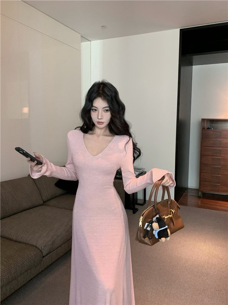 26Jun. 復古女伶一件可出門 V領魚尾裙擺連身裙 紅/淡粉