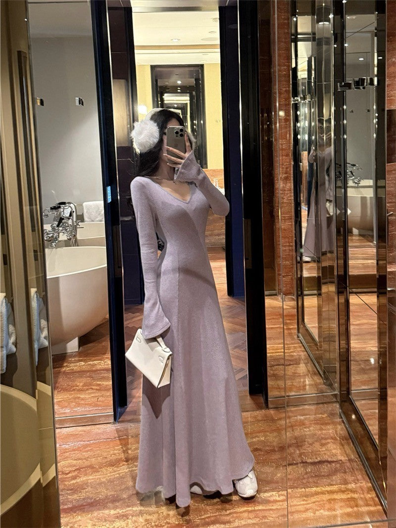 26Jun. 復古女伶一件可出門 V領魚尾裙擺連身裙 黑/淺紫