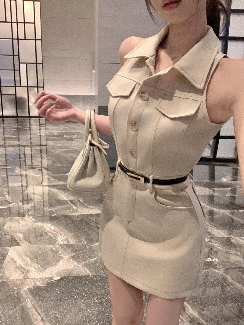 26Jun. 韓女polo高腰背心連身裙 杏（附腰帶）