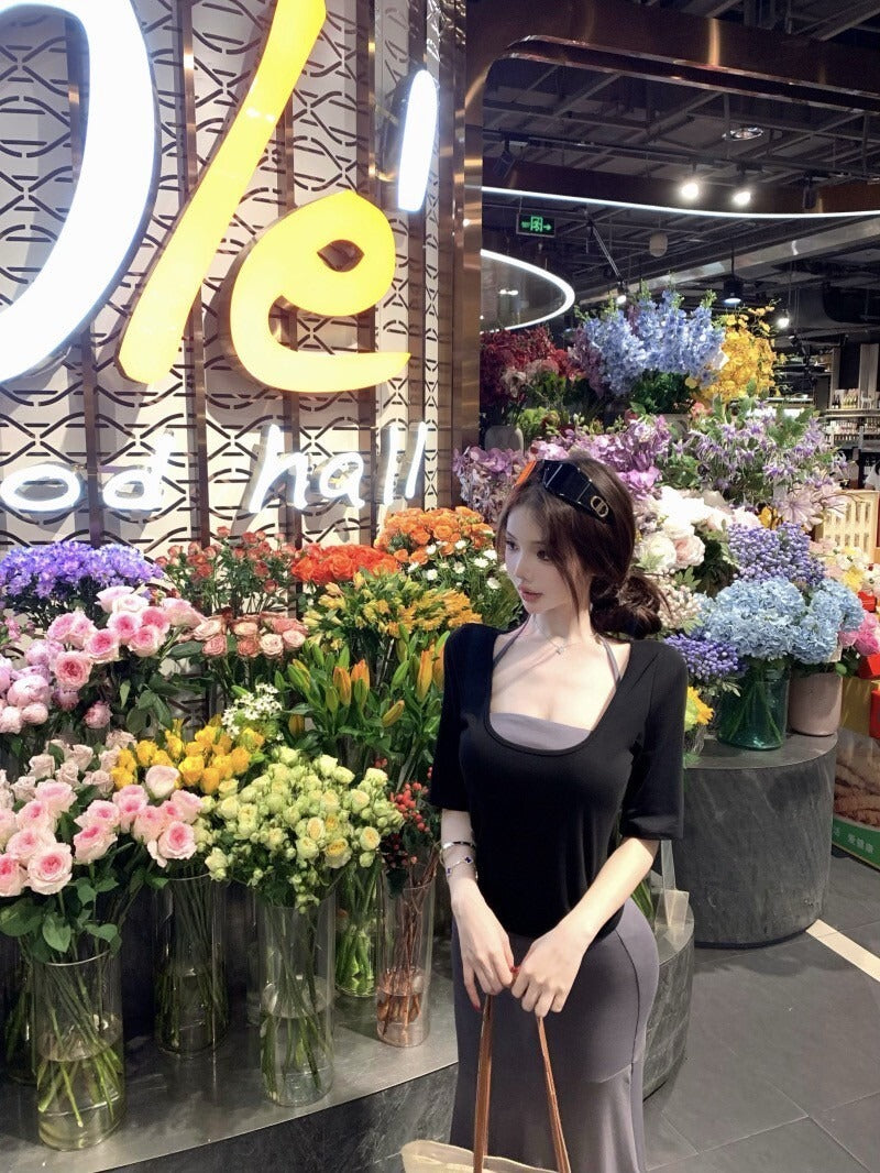 26Jun. 輕熟女氣質寬鬆薄款針織上衣 內搭背心半身裙套裝