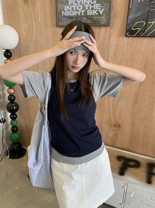 26Jun. 休閒疊穿 撞色兩件套上衣 藍灰