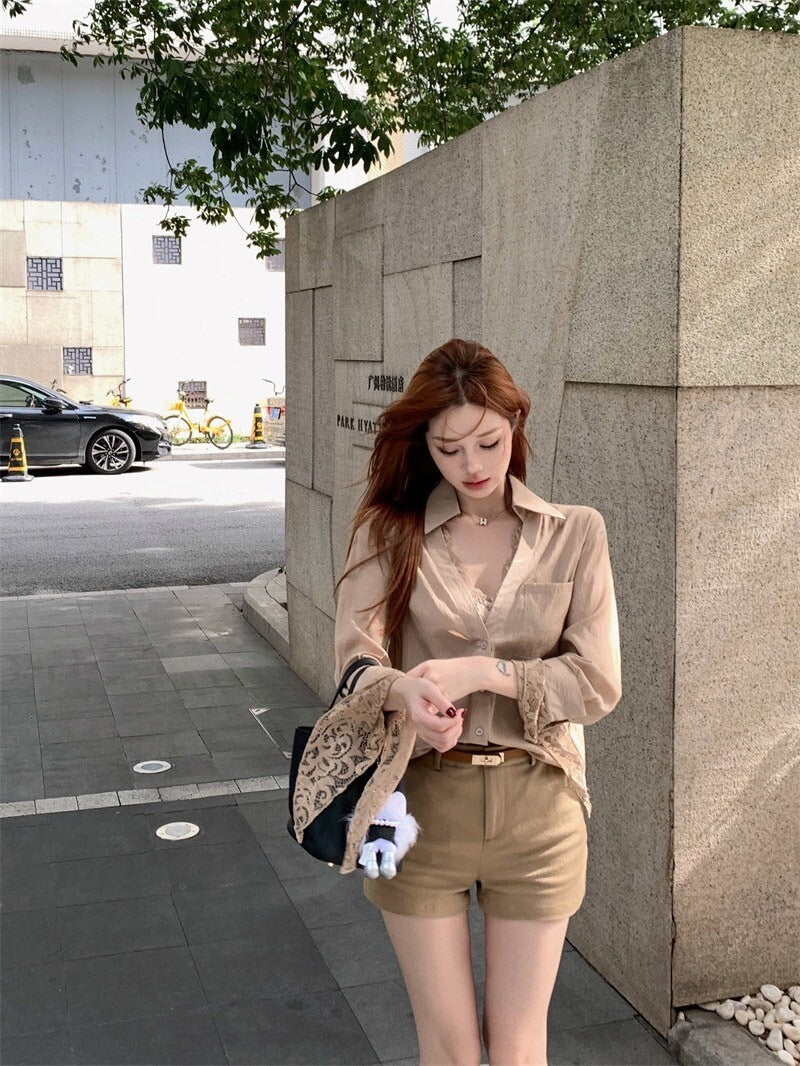 26Jun. 韓chic知性女 蕾絲拼接卡其襯衫 百搭短褲