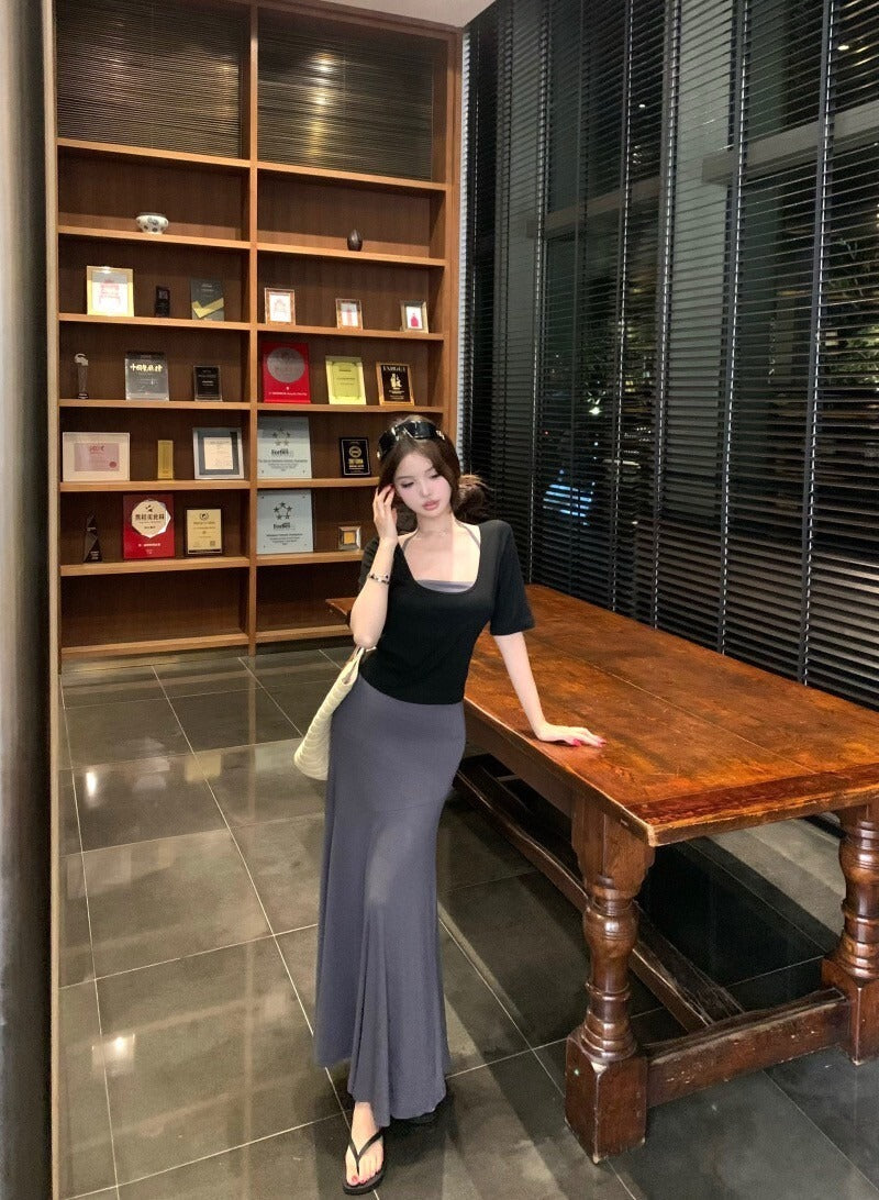 26Jun. 輕熟女氣質寬鬆薄款針織上衣 內搭背心半身裙套裝