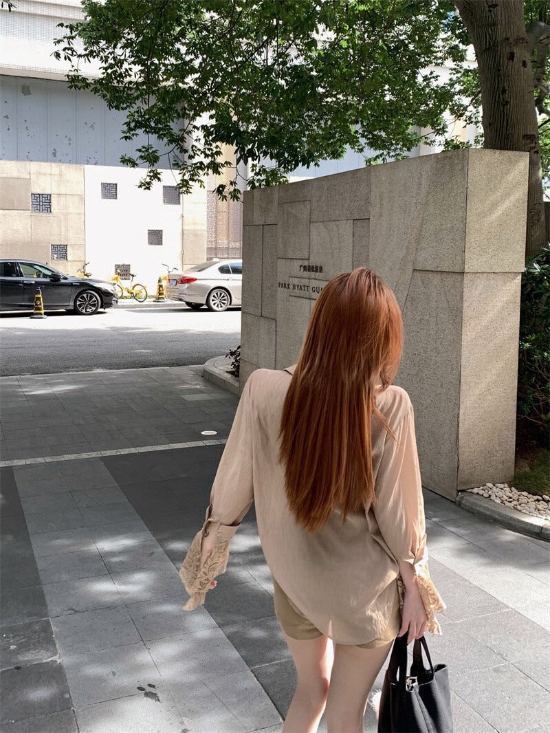26Jun. 韓chic知性女 蕾絲拼接卡其襯衫 百搭短褲