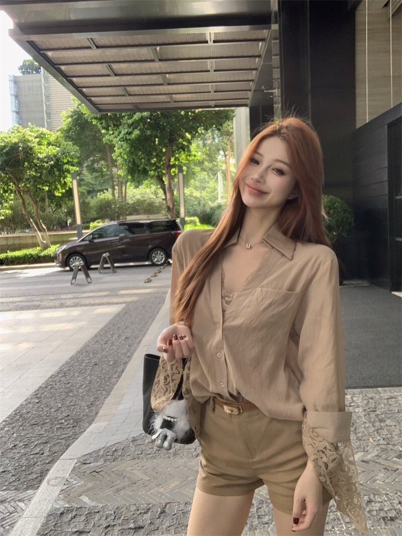 26Jun. 韓chic知性女 蕾絲拼接卡其襯衫 百搭短褲