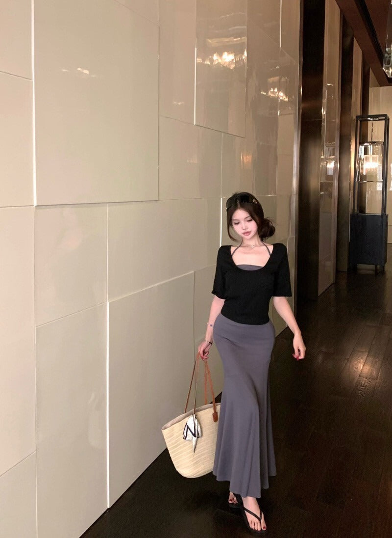 26Jun. 輕熟女氣質寬鬆薄款針織上衣 內搭背心半身裙套裝
