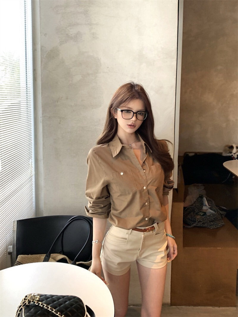 26Jun. 率性女神 復古卡其色口袋襯衫 高腰休閒短褲