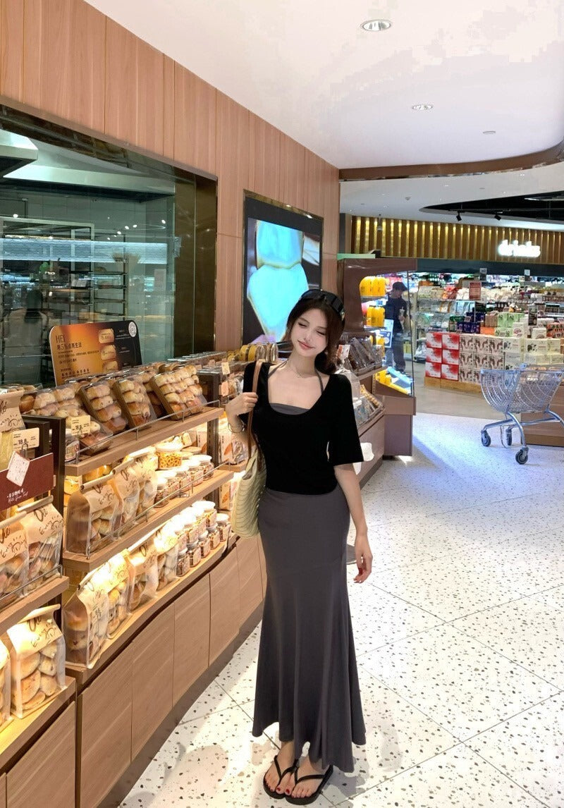 26Jun. 輕熟女氣質寬鬆薄款針織上衣 內搭背心半身裙套裝