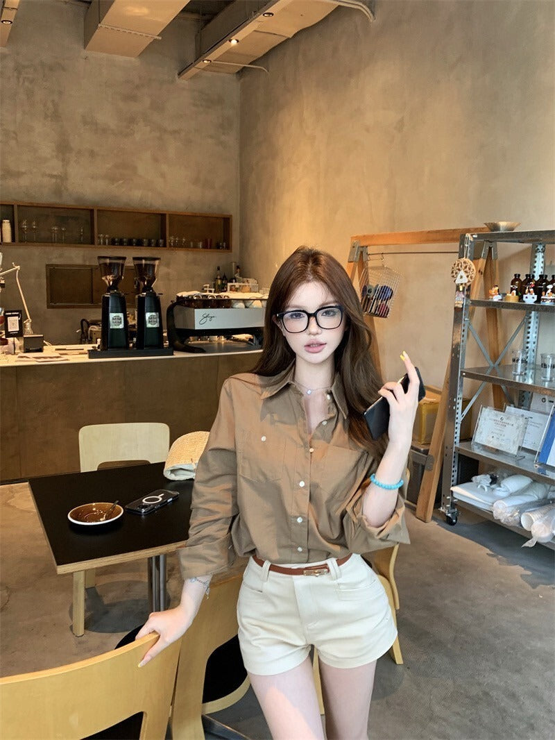 26Jun. 率性女神 復古卡其色口袋襯衫 高腰休閒短褲